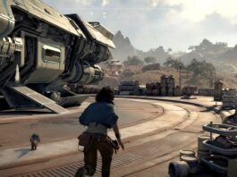 Kay Vess and Nix run to a spaceship in Star Wars Outlaws. The gameplay also includes space travel and other planets.