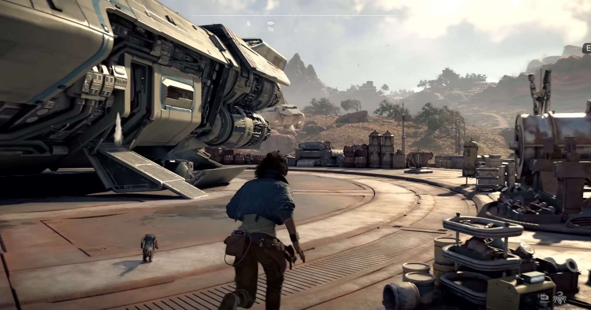 Kay Vess and Nix run to a spaceship in Star Wars Outlaws. The gameplay also includes space travel and other planets.