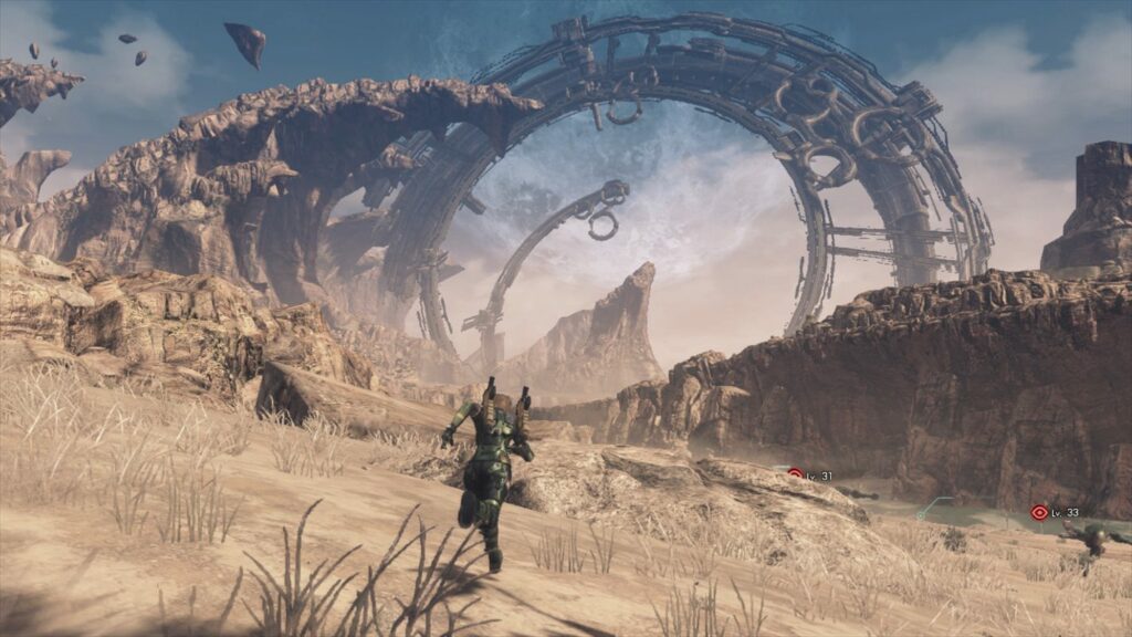 XC X and Xenoblade Chronicles 3 Offer Huge Open Worlds. The player runs through a futuristic-looking sandy landscape here.