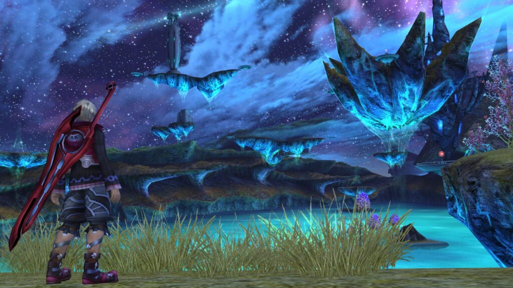 In Xenoblade Chronicles, you can use multiple characters during combat. Here we see Shulk in the mystical open world.