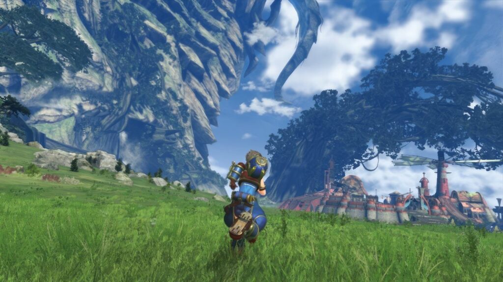 The player runs across a lush green meadow in Xenoblade Chronicles 3. In the background, we see a futuristic walled city.