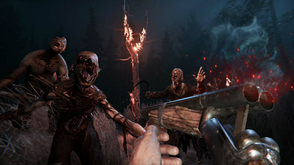 The player reloads his shotgun in first-person at night. Zombie games like Sker Ritual have particularly grotesque undead.