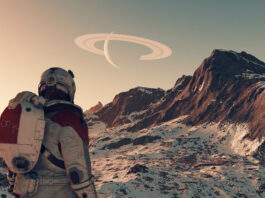 We see the player as astronaut looking at a snow-covered mountain range in third-person as the sun sets in Starfield.