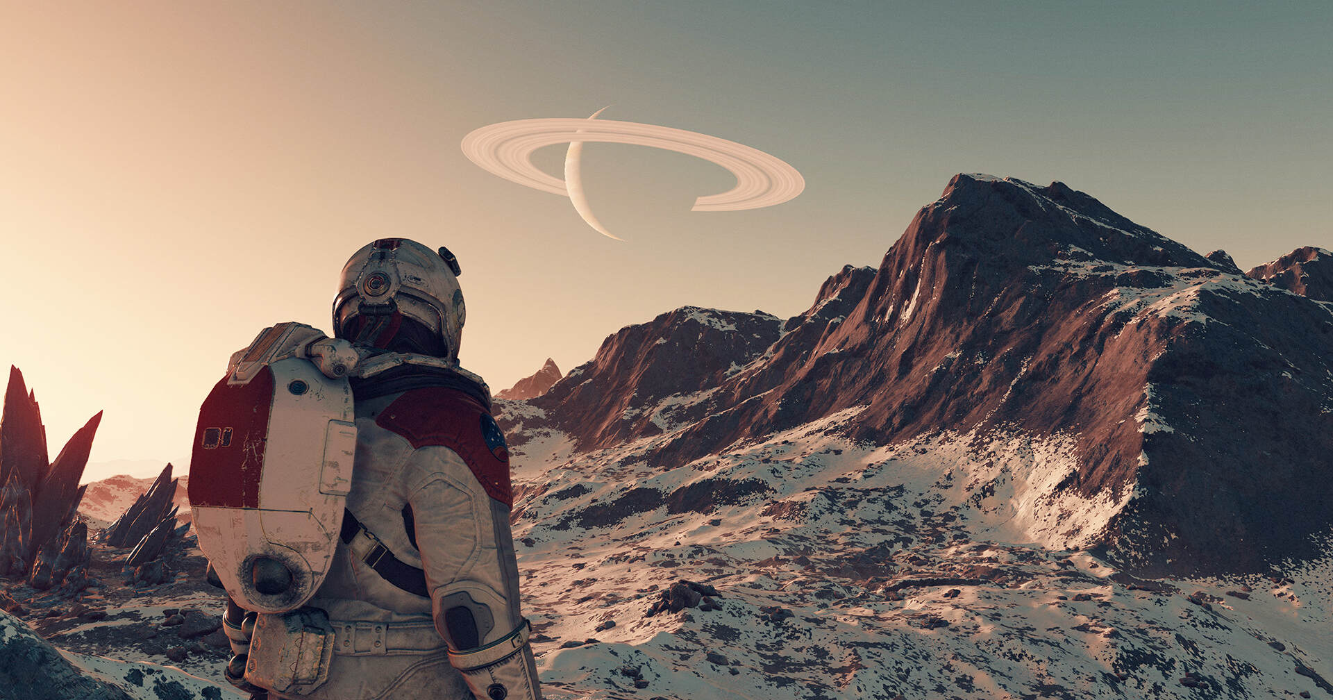 We see the player as astronaut looking at a snow-covered mountain range in third-person as the sun sets in Starfield.