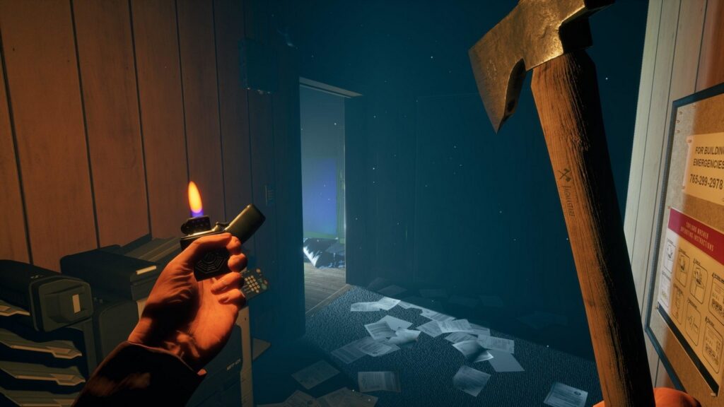 Here we see the player in first-person armed with an axe and a lighter. He stands in a dark room.
