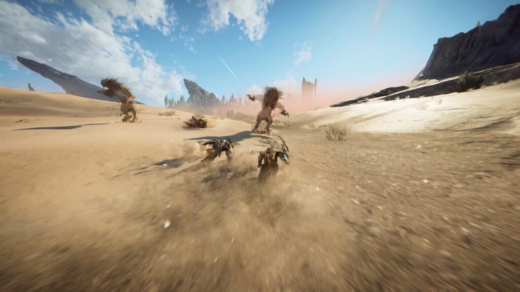 We see two players in coop surfing through the Atlas desert in front of two rising enemies.