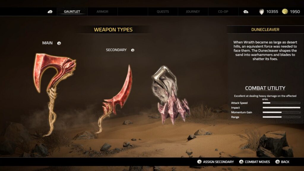 The three weapon types are displayed side by side, along with their info—the Dunecleaver, the Sandwhip, and the Knuckledust.