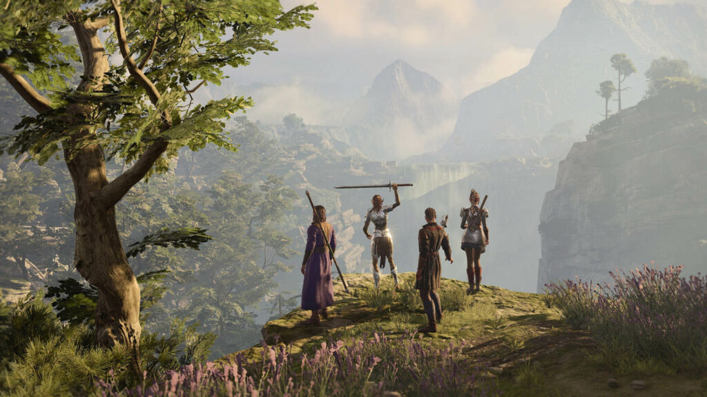 Four different characters stand at a field ledge in the multiplayer coop in BG3 and look out into the vast fantasy world.