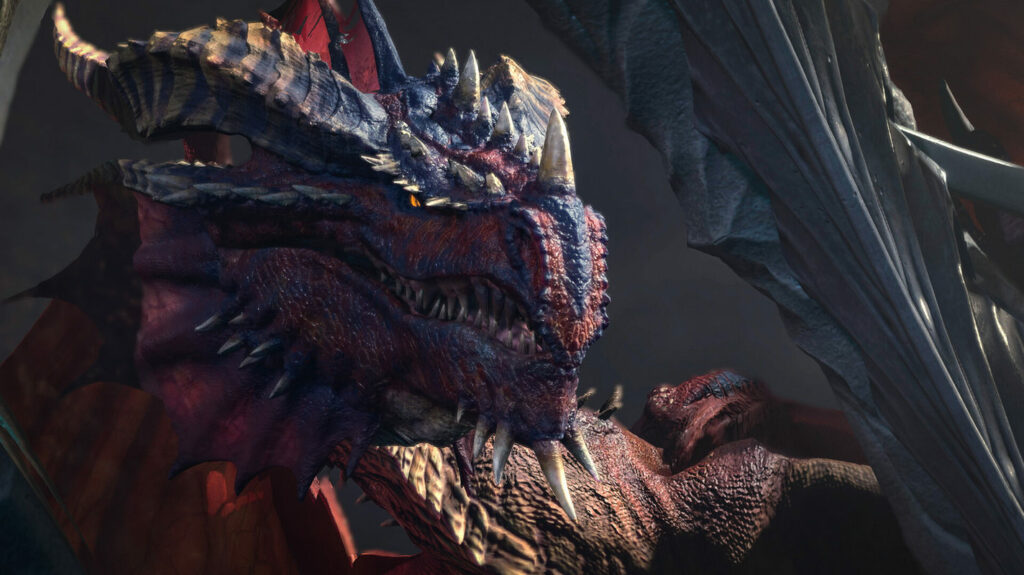Here we see the Dragonborn as one of the new races in Baldur's Gate 3. The red dragon-like creature is shown in a close-up.