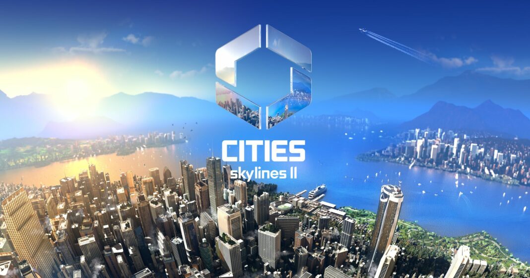Here we see the cover of Cities Skyline 2, which shows several modern cities around a lake from above at a super wide angle.