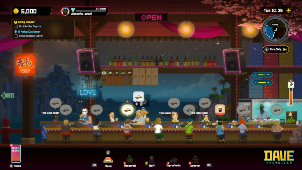 Dave stands in the middle of a big sushi circle in 2D graphics and serves many sitting customers in Dave the Diver.