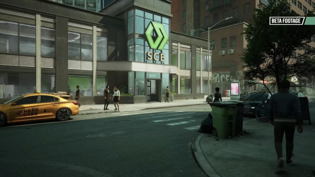 We are looking at a modern glass bank in New York City at a busy intersection during the day in Payday 3.