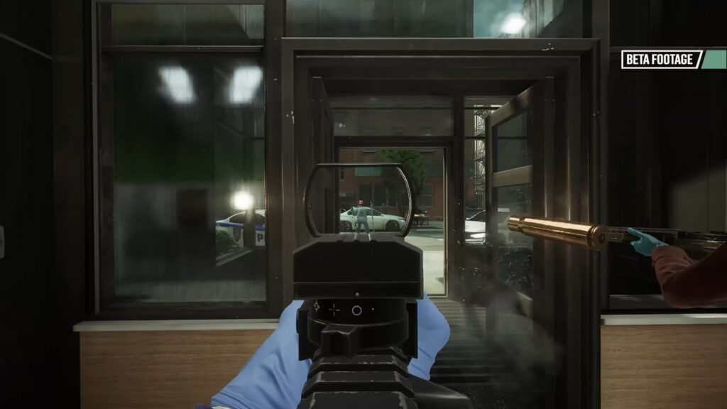 Play Payday 3 at release in crossplay with friends. Here the player shoots in first-person straight at a policeman.