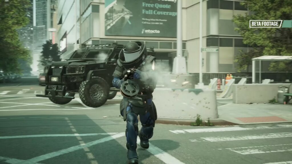 We see the heavily armored Bulldozer with an automatic shotgun walking toward the camera while shooting in Payday 3.