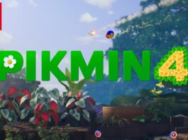 We see a blooming garden with the green logo of Pikmin 4. Above it, a flying capsule is shown. The release date is close.
