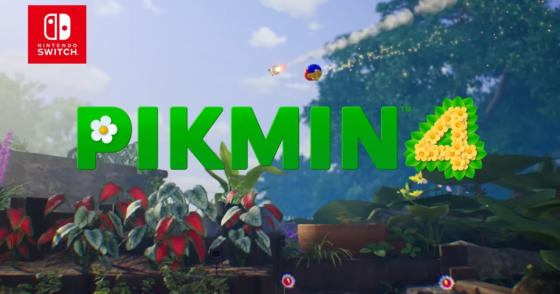 We see a blooming garden with the green logo of Pikmin 4. Above it, a flying capsule is shown. The release date is close.