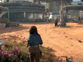 We see gameplay of Kay Vess running through a stormy desert town in Star Wars Outlaws.
