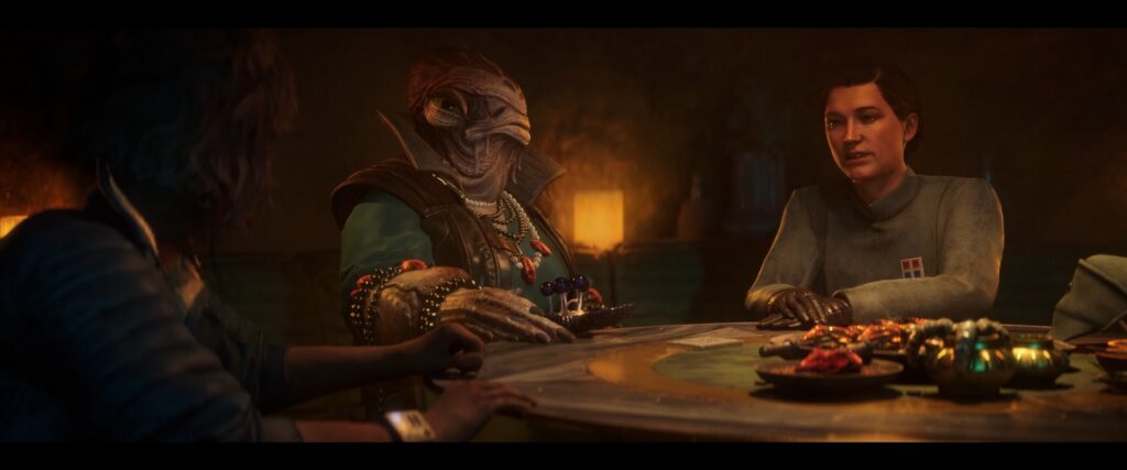 Kay Vess sits at a crime syndicate table. Learn more about the Star Wars Outlaws reputation system.