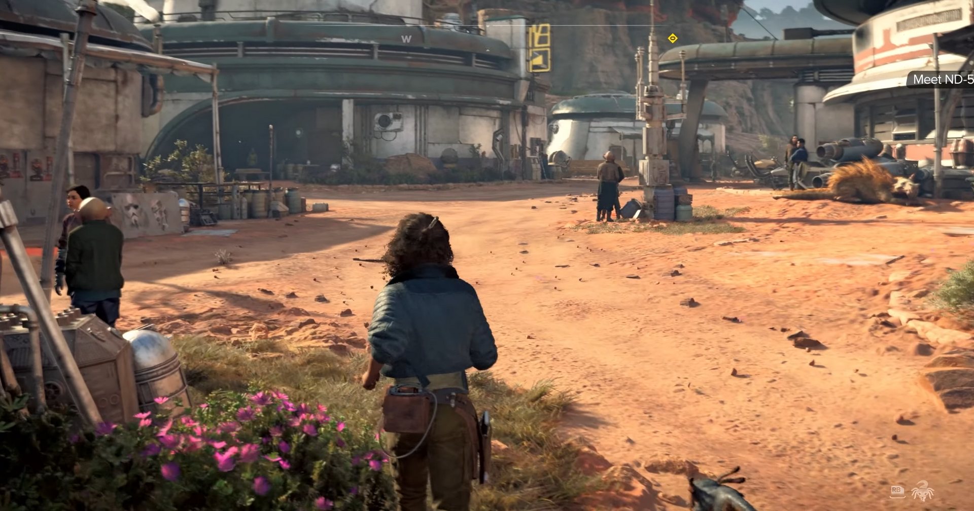 We see gameplay of Kay Vess running through a stormy desert town in Star Wars Outlaws.
