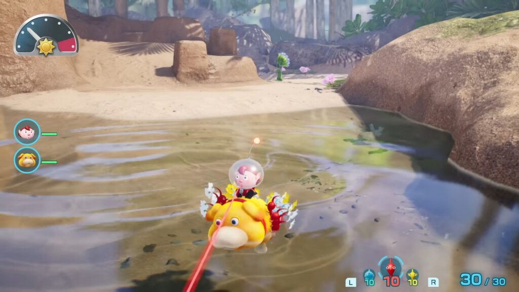 The new Dog Oatchi in Pikmin 4 can be seen swimming across a body of water with our playable character and red Pikmin.