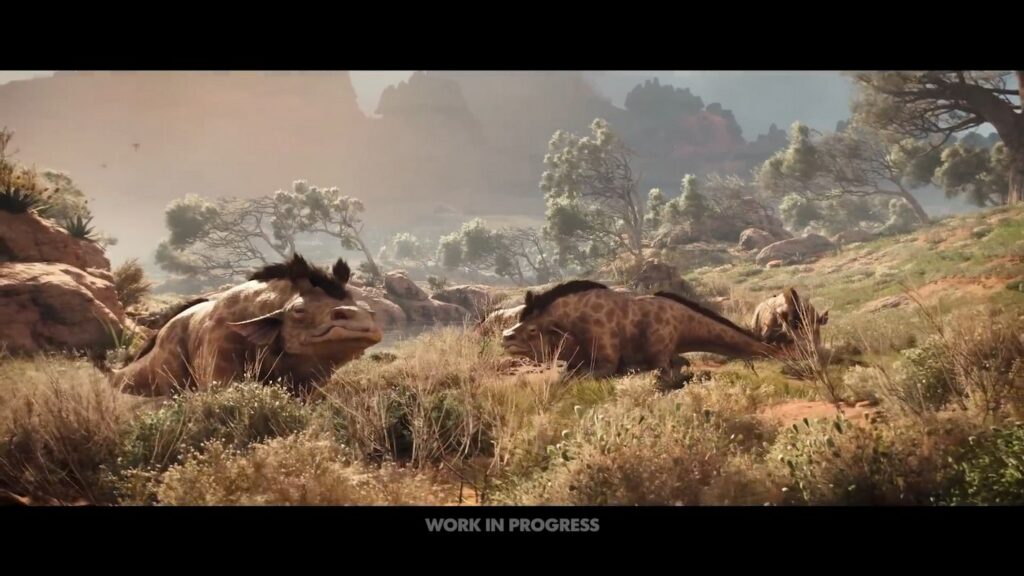 Here we see unique dinosaur-like creatures living on the new planet Toshara. The world is like the Sahara desert.