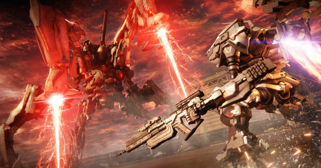 We see two combat mechs facing each other in Armored Core VI. Fires of Rubicon is the newest part of the sci-fi series.