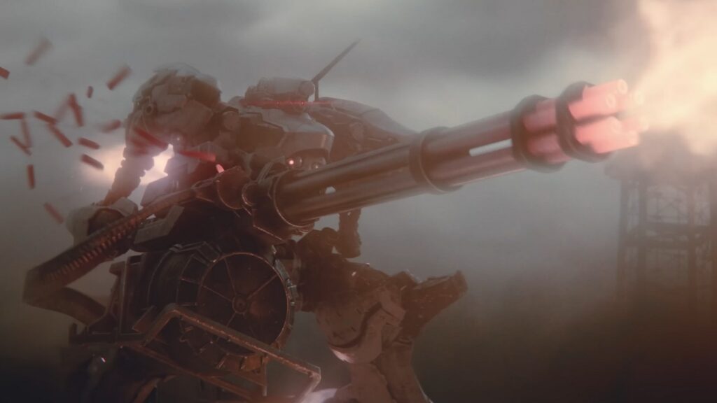 Impressively, a mech stretches a Gatling gun toward us and fires it. We see a dark gray smoky backdrop.