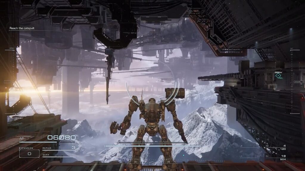 Our mech is standing on the edge of a giant airplane hangar. The world of Armored Core VI is vast; it is no open-world title.