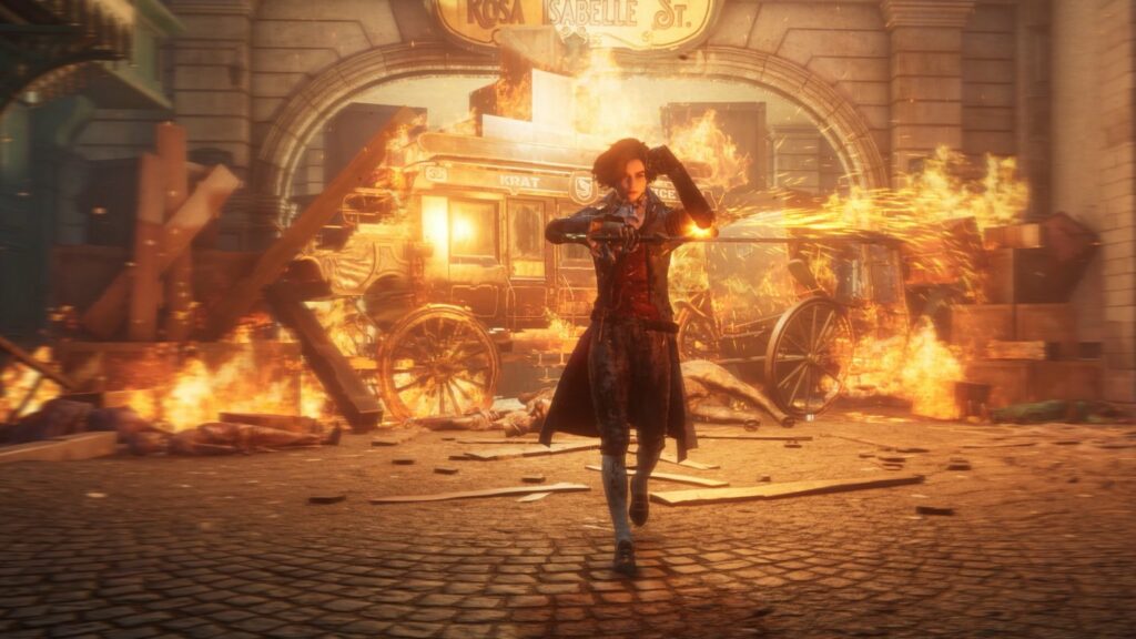 We see Pinocchio in front of a burning carriage in a wide shot. He strides towards us, grinding his sword with his metal arm.