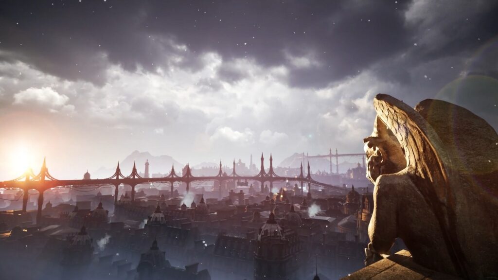The Souls-like title Lies of P is set in the fictional European city of Krat. Here we see a panorama with the rising sun.