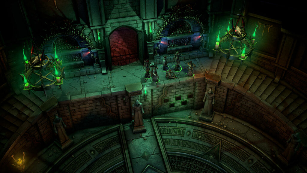 A group of characters in Pathfinder: Wrath of the Righteous is seen from a top-down video. They stand in a dark dungeon.