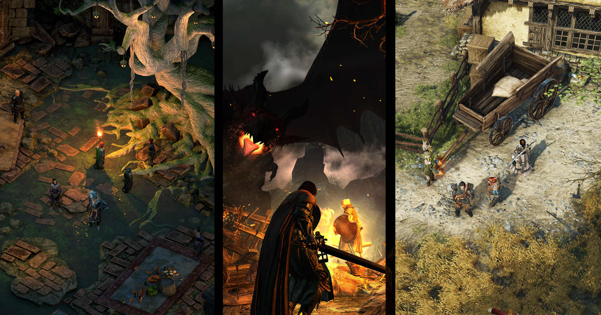 We see a collage of three screenshots arranged in parallel from different games like Baldur's Gate.