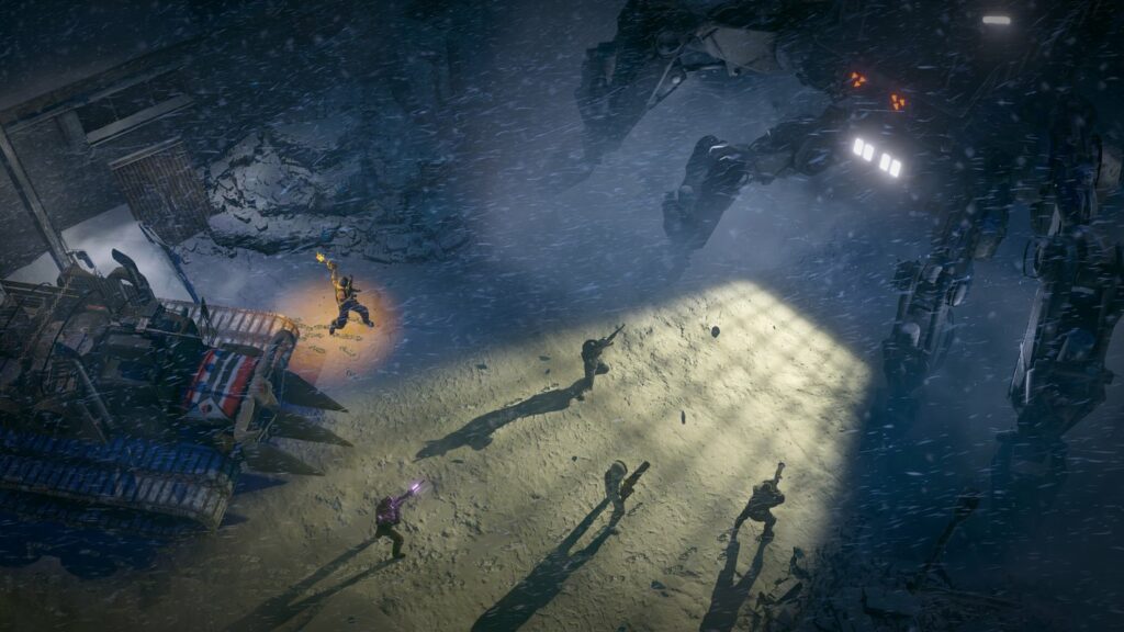 Play games like Baldur's Gate, such as Wasteland 3. We see five characters from a top-down view in a dark snowy landscape.