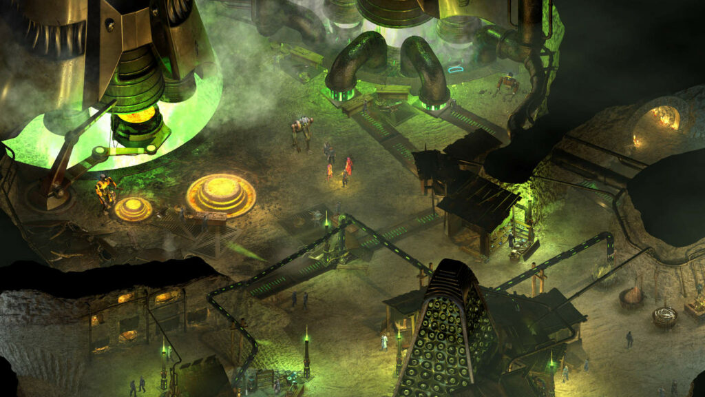 Here is a screenshot of Torment: Tides of Numenera, one of the games like Baldurs Gate. A green glowing city can be seen.