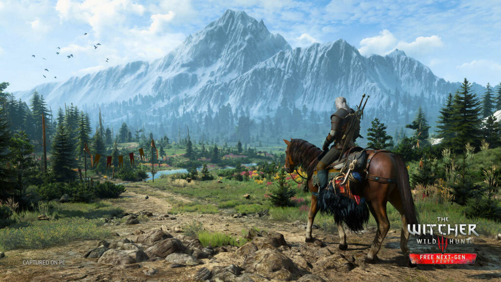 Geralt of Rivia rides through a medieval open world with snow-covered mountains. Gothic 1 Remake has a comparable landscape.