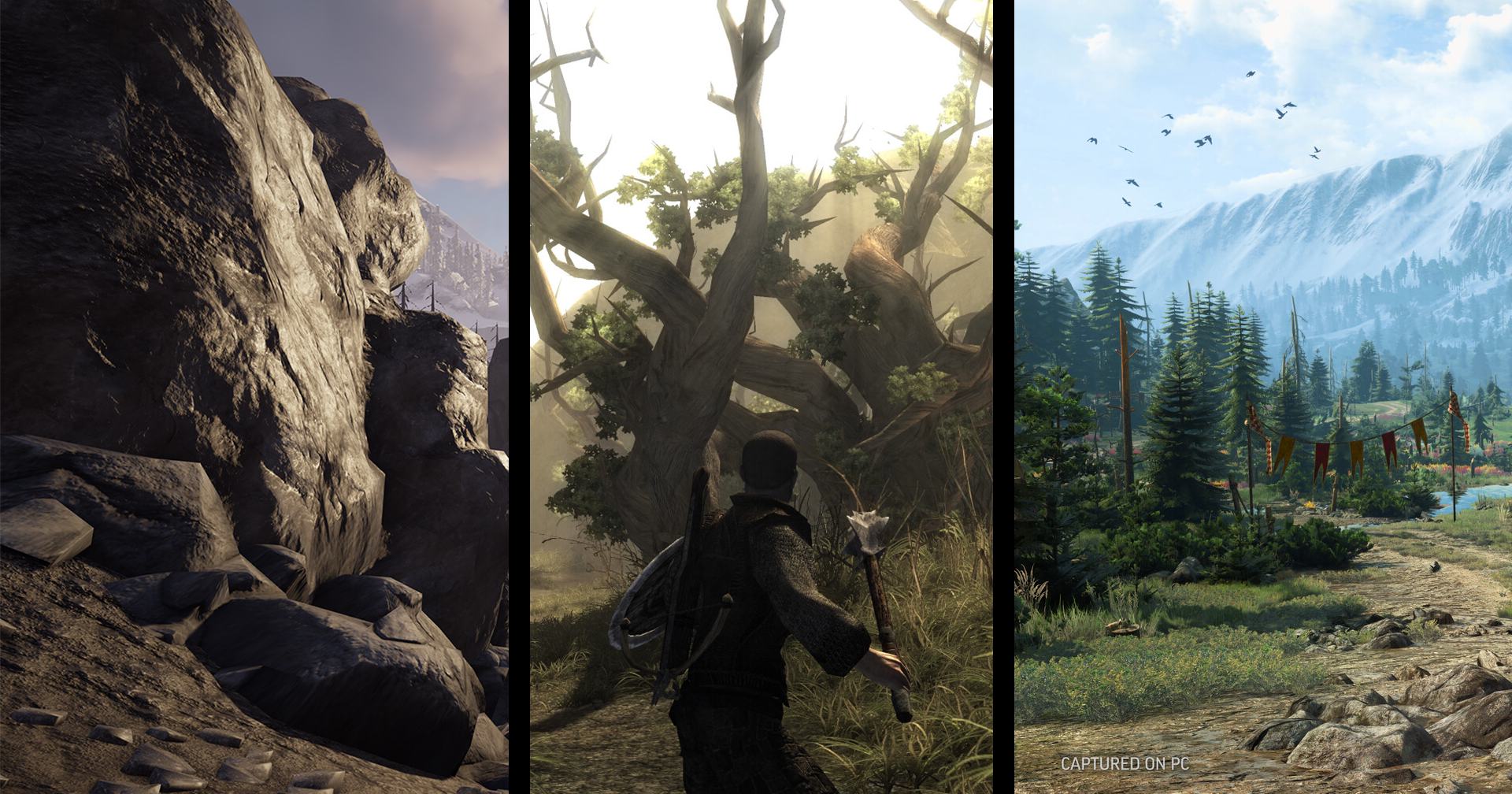 We see a collage consisting of three screenshots from games like Gothic Remake. The titles all feature expansive landscapes.