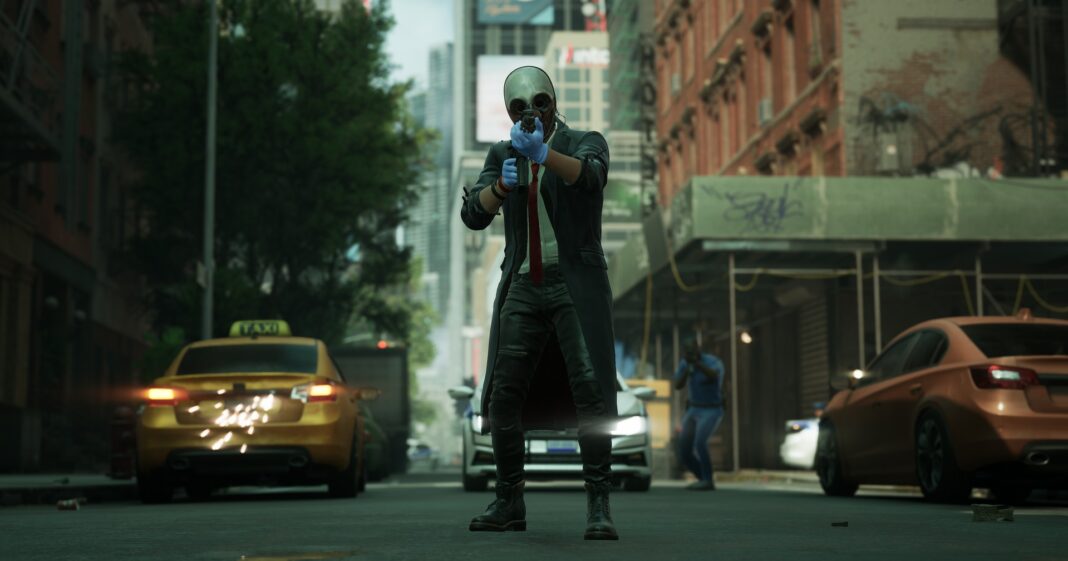 One of the four PD3 main characters is shown in a long shot in the middle of the street, aiming his gun at us.