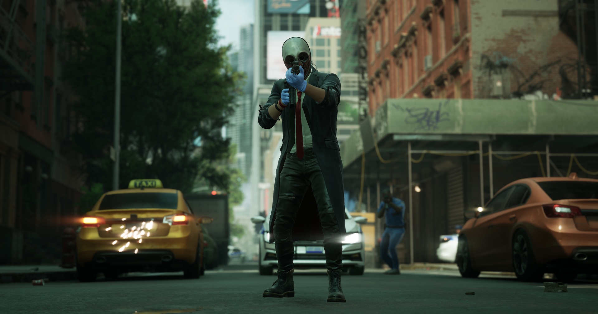 One of the four PD3 main characters is shown in a long shot in the middle of the street, aiming his gun at us.