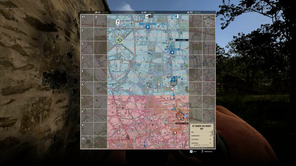 The player is looking at his map, centrally shown in the frame. We see the large game world with all its essential icons.