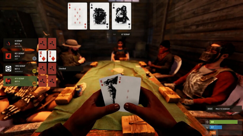 The player sits in first-person view at a poker table with friends and holds up two cards.