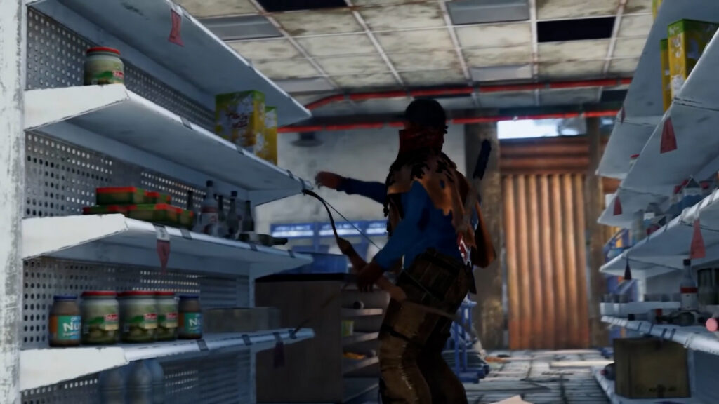 The player is standing in an abandoned store in the Rust game and is looting food. He has a bow in his hand.