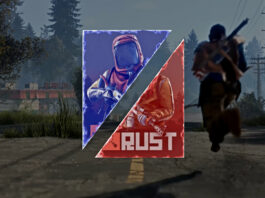 A player runs down the street in the background in blur. In the foreground you can see the logo of the Rust game in blue red.