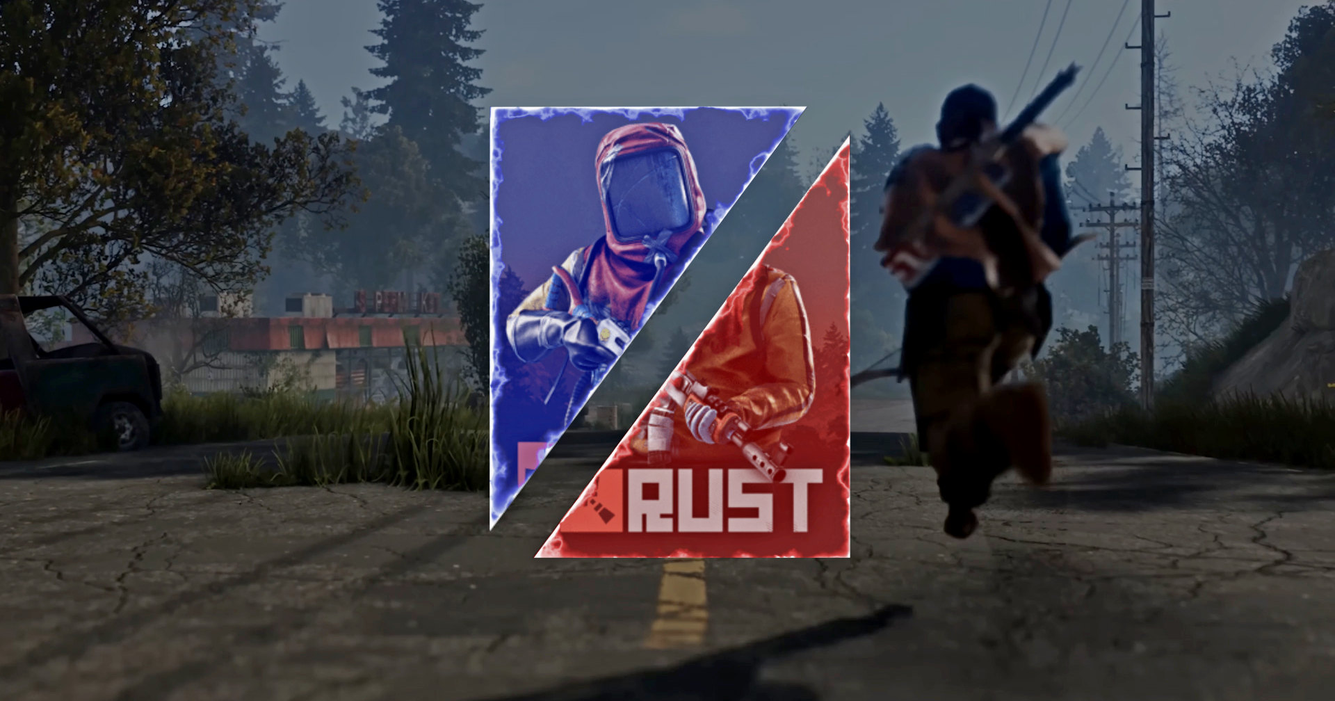 A player runs down the street in the background in blur. In the foreground you can see the logo of the Rust game in blue red.