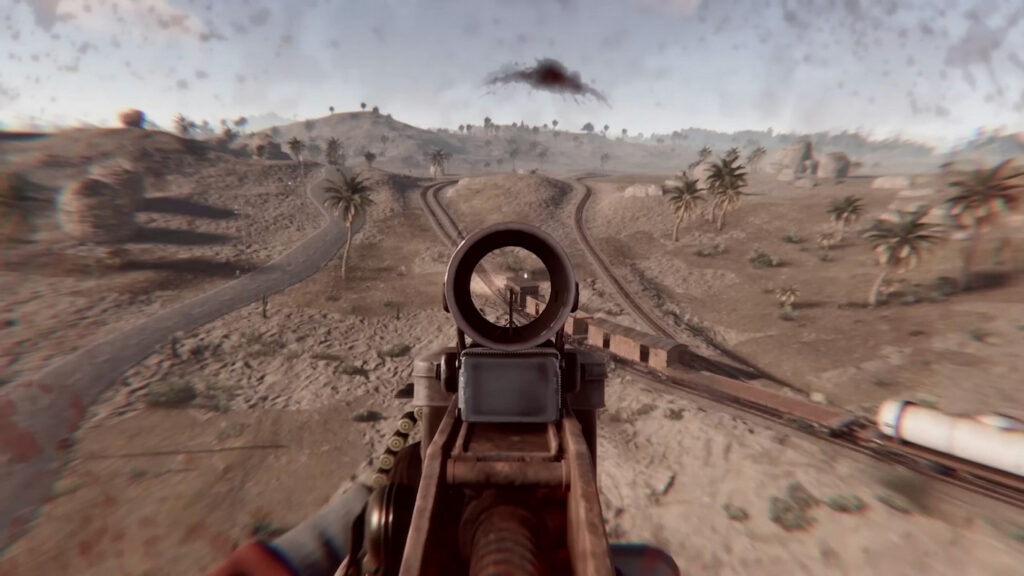 The player shoots in first-person view at a moving train on a desert map. The Rust game is highly challenging.
