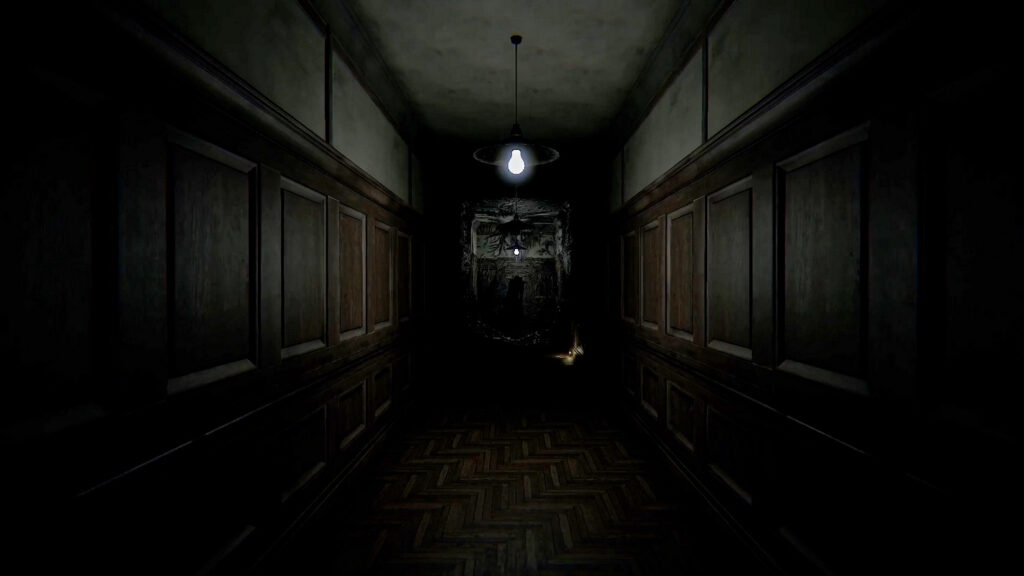 A dark corridor in Layers of Fear is depicted, at the end of which a creepy black silhouette awaits the player in dim light.