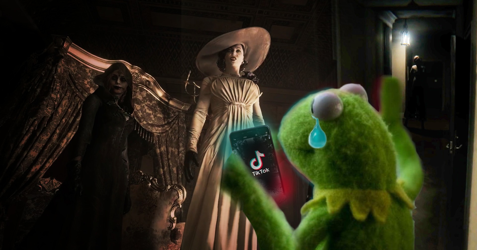 We see a collage consisting of a screenshot with Lady Dimitrescu and Kermit on the topic: Why horror games don't scare me?