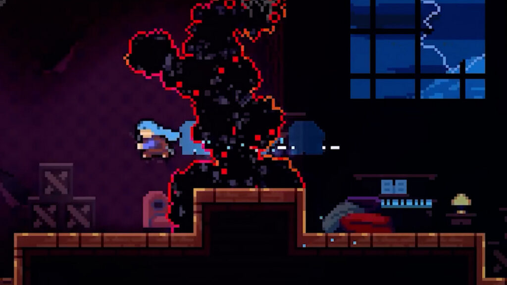 We see a screenshot of the 2D sidescroller Celeste, where the player is glitching through a slime wall to save time.