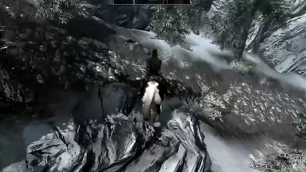 In Skyrim, the player sits on his horse and stands at an angle on a rock to perform the Horse Tilt as a speedrunning glitch.