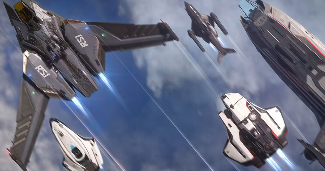 Five Star Citizen Ships are taking off diagonally into the sky.