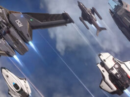 Five Star Citizen Ships are taking off diagonally into the sky.